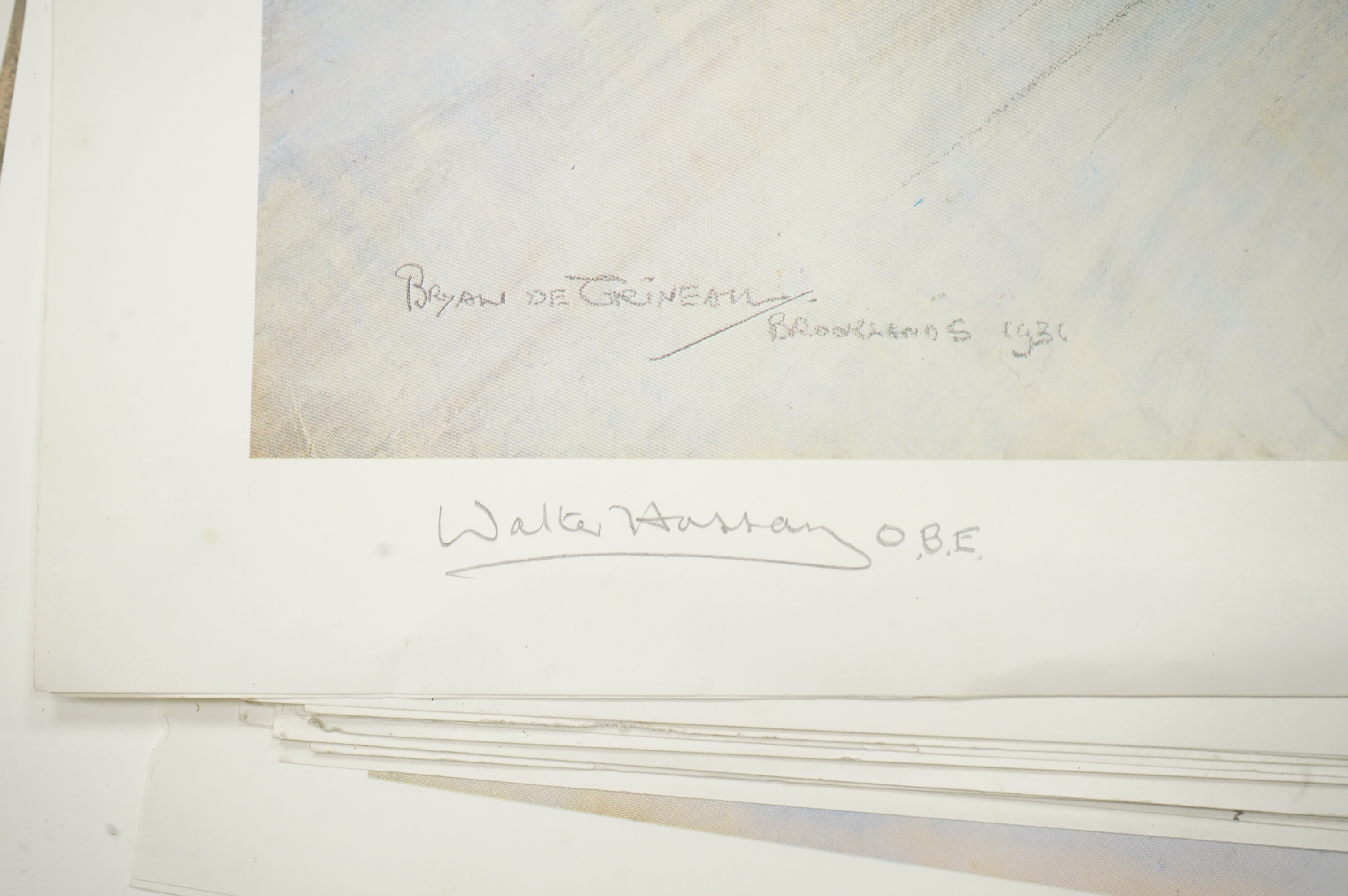 Two framed and signed motor racing lithographs by Anthony Heal and Walter Hassan of Le Mans and Brookslands racing scenes, the largest frame 61.5 x 76cm, together with a folio containing a large number of unframed simila